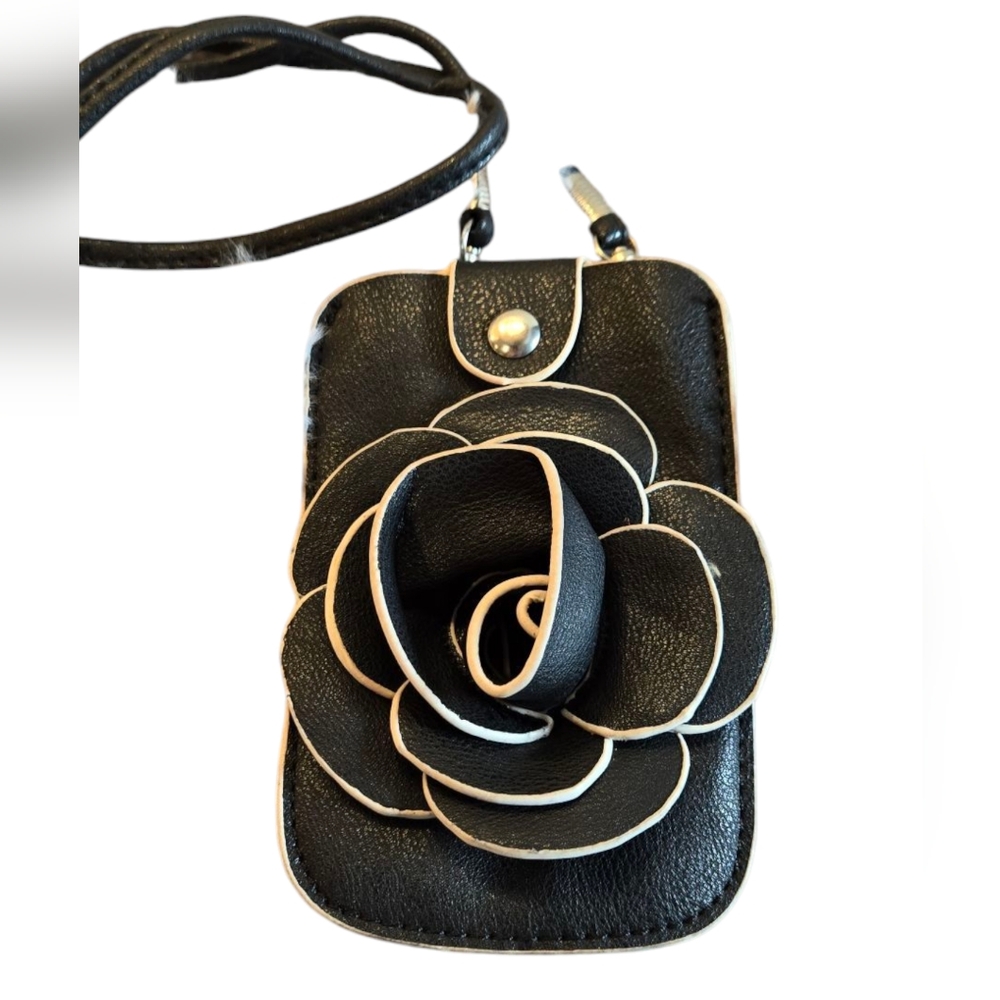 Black and Tan Mini Crossbody Bag With Flower